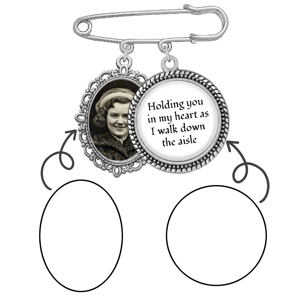 Silver Memorial Wedding Bouquet Pin, "Holding You in My Heart as I Walk Down the Aisle", Bridal Bouquet Charm Keepsake view 6