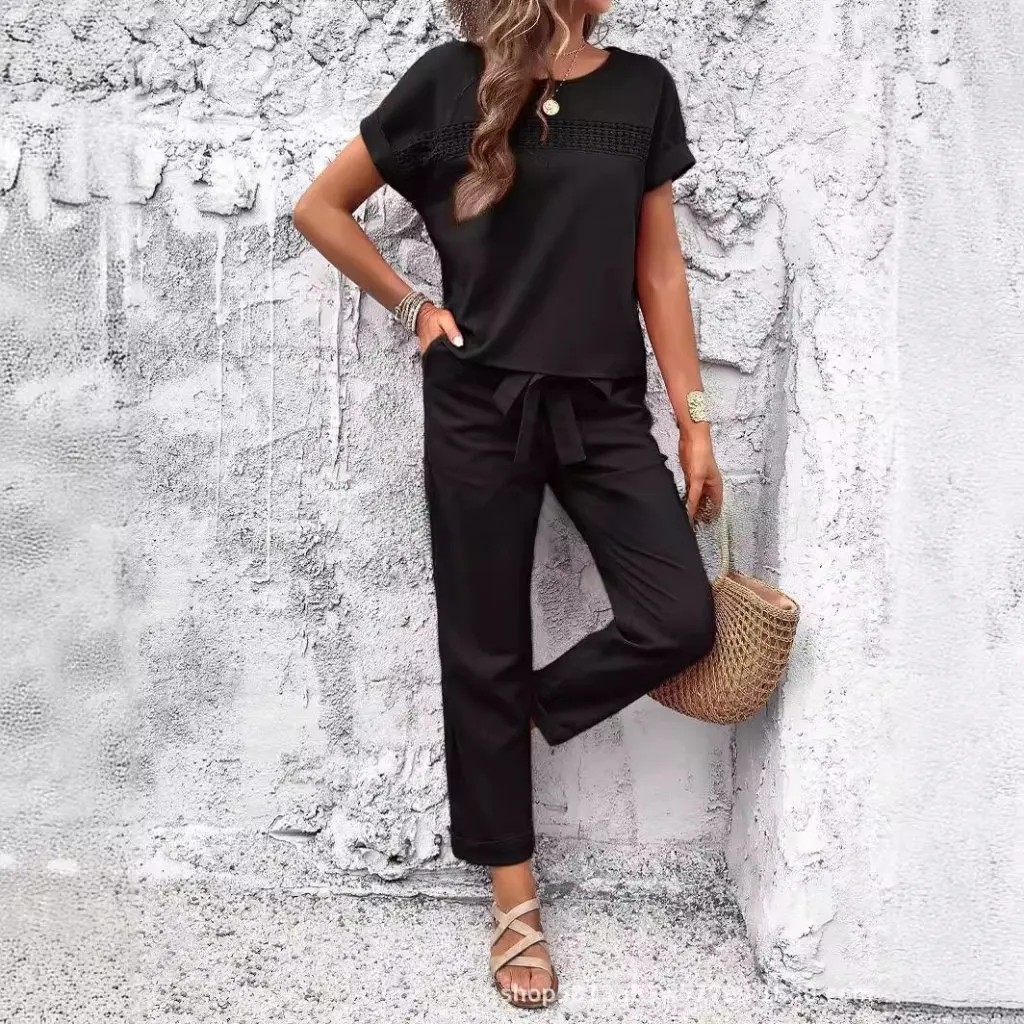 

Women's Pure Color Linen Suit Casual Two-Piece Set Elastic Waist Tie Spring Summer Fashion Retro Export