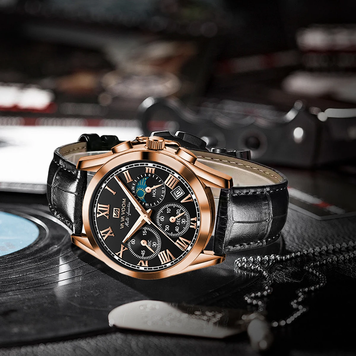 ساعة للرجال على الطراز العسكري، متعددة الوظائف، ساعة توقيت ليلية، ضوء نجمة القمر، ساعات جلدية عصرية للجري