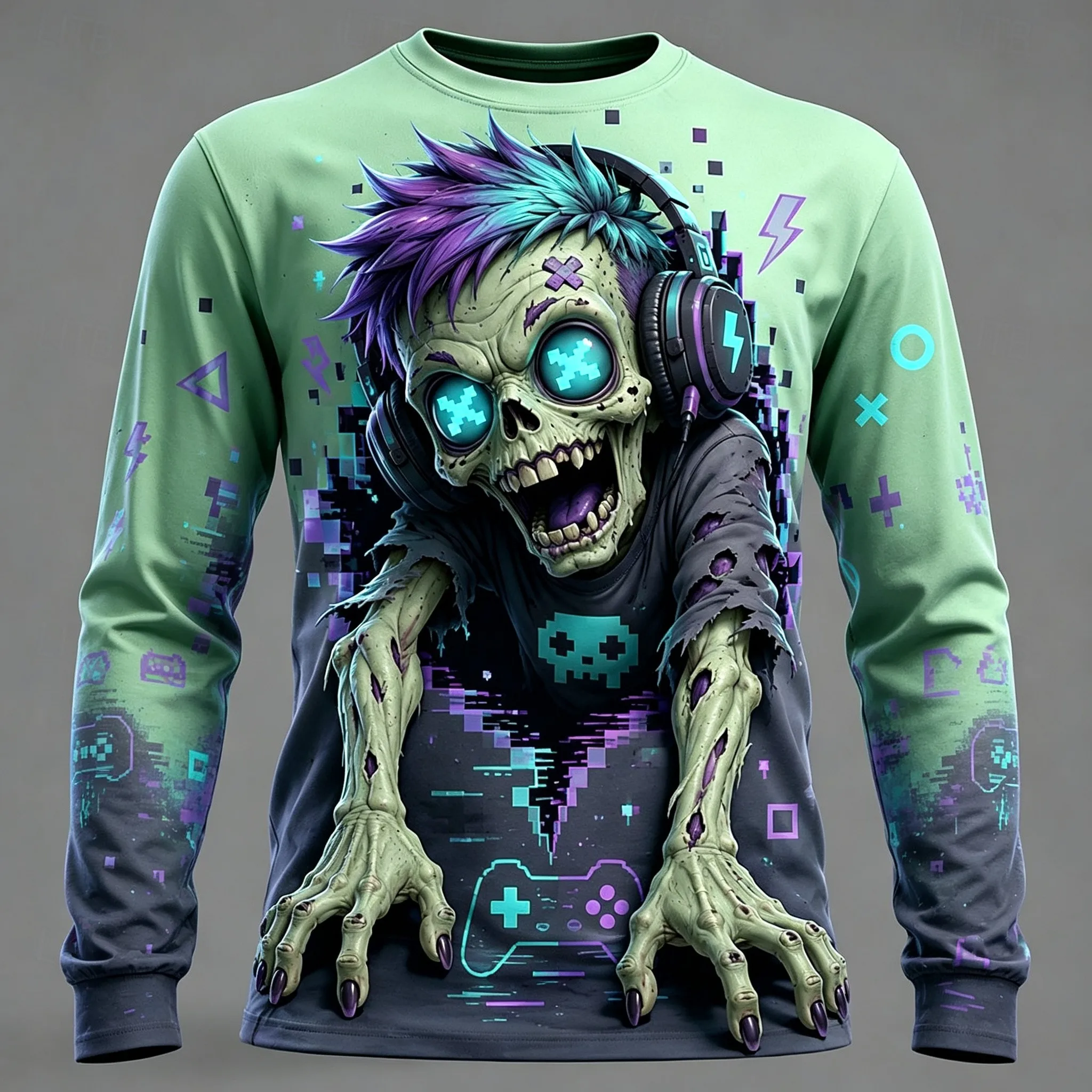 Men's Long Sleeve T-Shirt 3D Gamer Zombie Pixel Game Controller Print Crew Neck Casual Street Tops