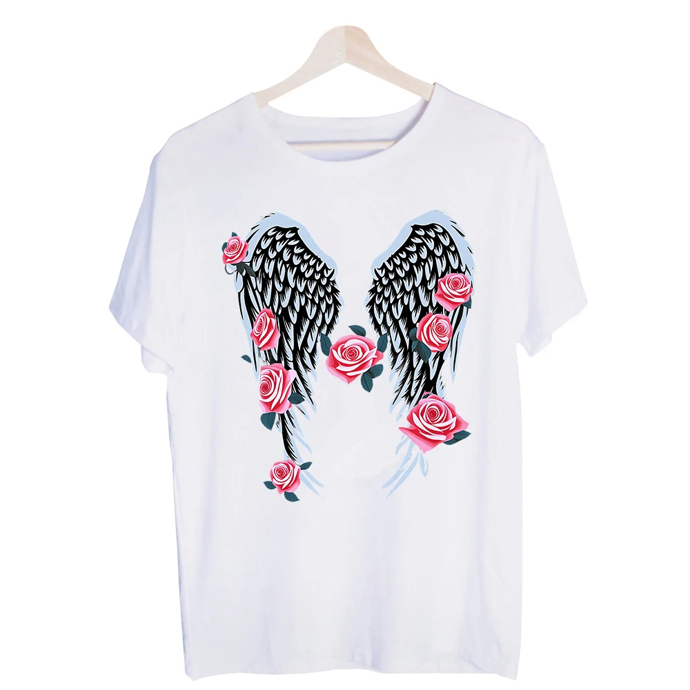 Men's Angel Wings and Roses Graphic Tee, Short Sleeve Crew Neck T-Shirt for Casual Daily Wear and Summer Outfits