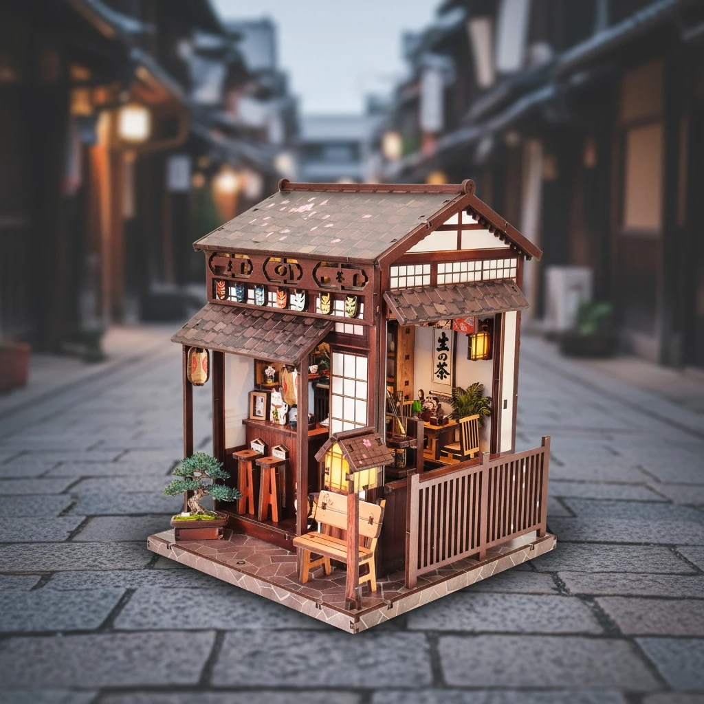 

OUZEY 3D Wooden “Spring Blossom Teahouse” DIY Kit - Japanese Garden Dollhouse with LED & Furniture, Zen Gift
