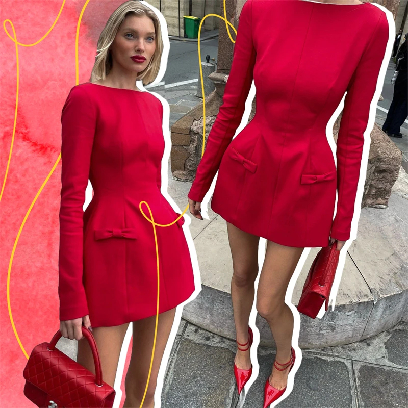 TARUXY Bows Splice Long Sleeve Mini Dress Elegant Office Woman Solid Bodycon Club Party Dresses 2024 Autumn High Waist Fashion