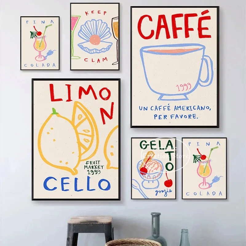 Summer Wall Art Limon Cello Clam Gelato Cocktail Print Canvas Painting Nordic Living Room Kitchen Room Coffee Shop Home Decor