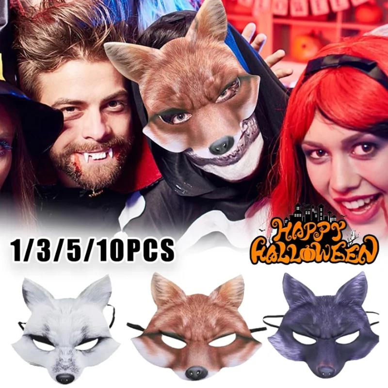 Half-Face Halloween Fox White Wolf Mask Animal Roleplay Costume Prop Unisex Spooky Decor Accessory Perfect for Parties Cosplay