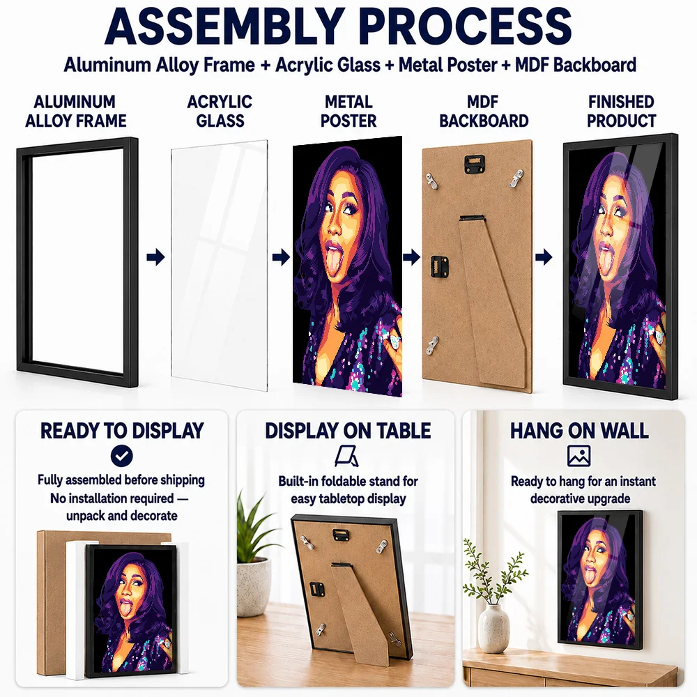 Cardi B Metal Poster With Aluminum Alloy Frame Personalized Photo Urban Hip Hop Tribute Style Wall Art For Game Room Fan Gift