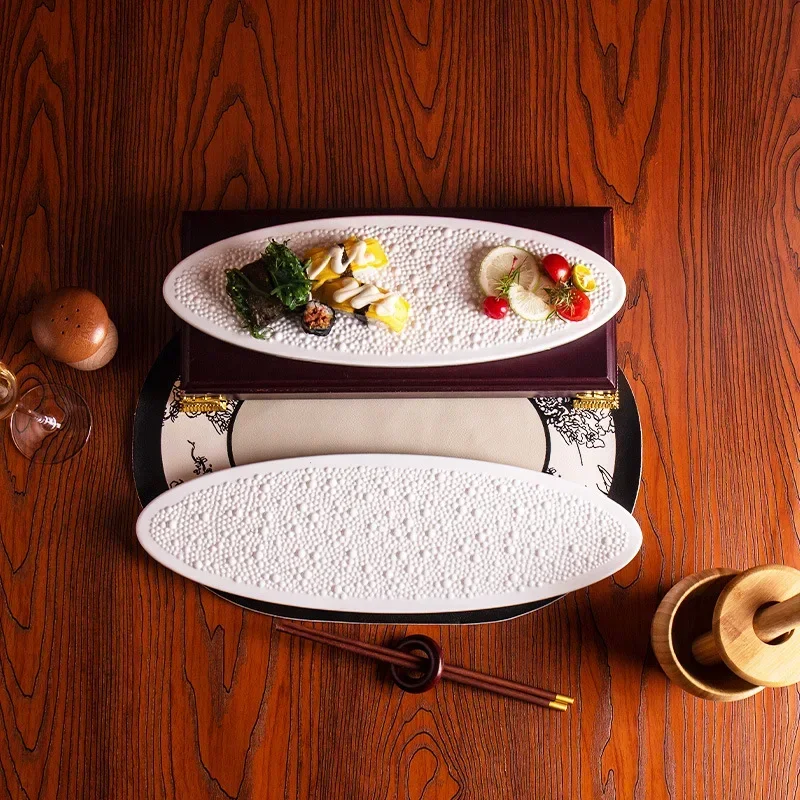 Creative white ceramic long plate meteorite pearl point oval  dessert snack molecular cuisine art