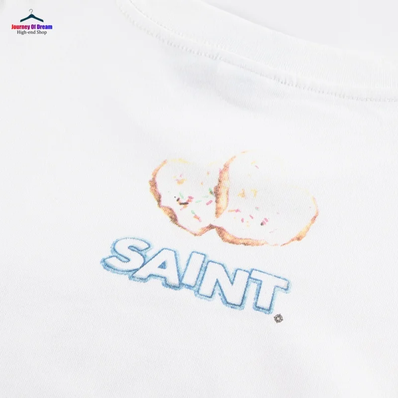 Saint Fashion Cartoon Letter Digital Print White Destroyed Round Neck Long Sleeve T-Shirt Autumn Men's Women's TEE