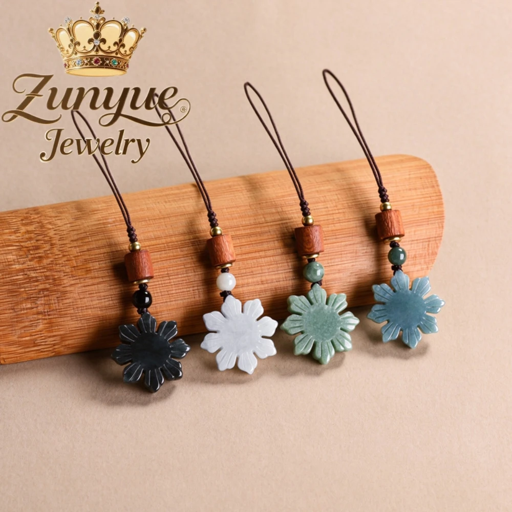 Burma Natural A Jade Sunflower Pendant Rope Phone Charm Vintage Chinese Style Bag Hanging Decoration Portable Key Strap Jewelry