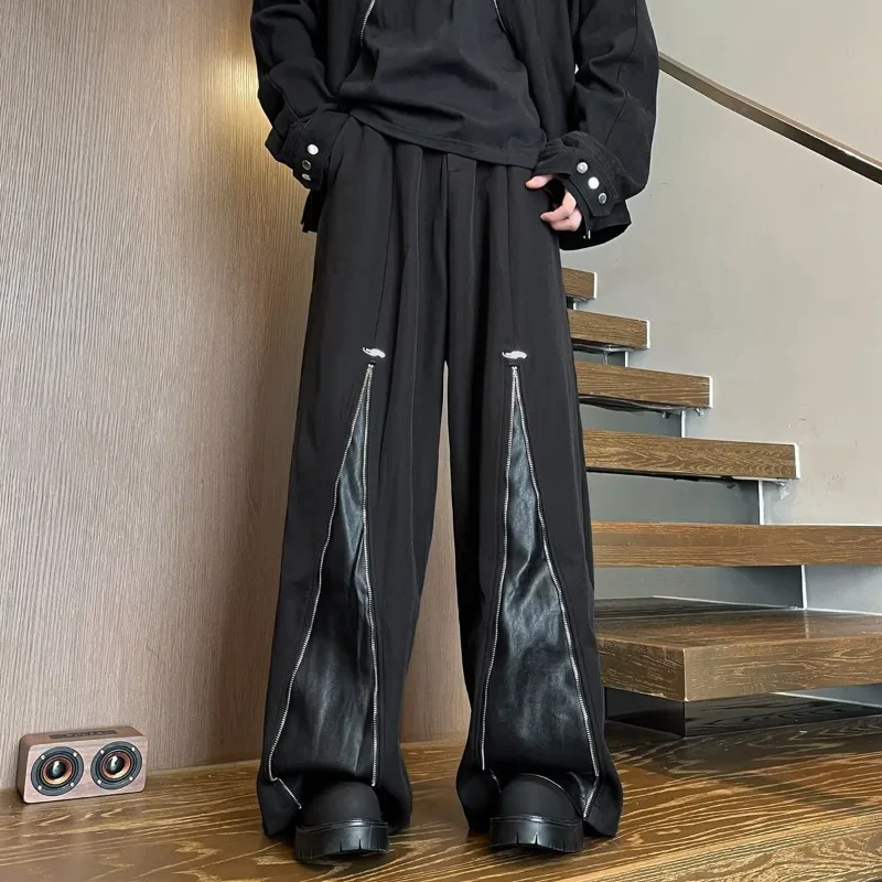 2026 New PU Leather Splicing Zipper Design Casual Trousers Japan Korean Fashion Streetwear Men's Casual Baggy Wide Leg Pants Y2k