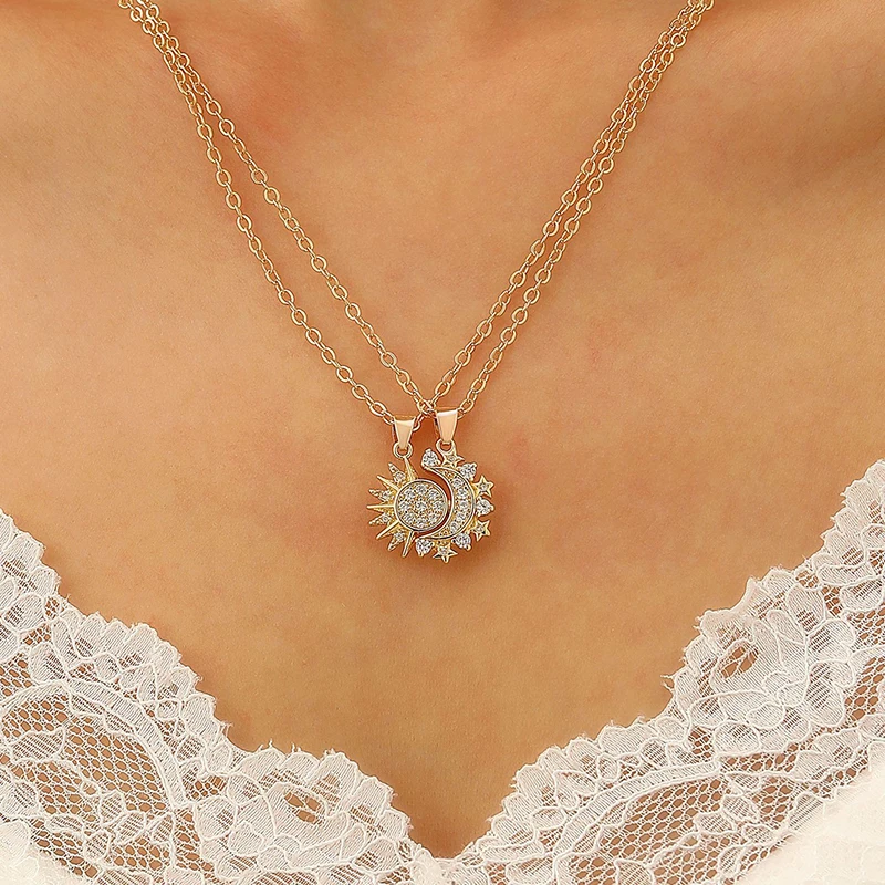2-teiliges Set Magnetische Sonne-Mond-Anhänger Halsketten für Frauen und Männer Metall Zirkon Strass Sonne-Mond Paar-Halsketten Set Schmuck Geschenke – Detail 4