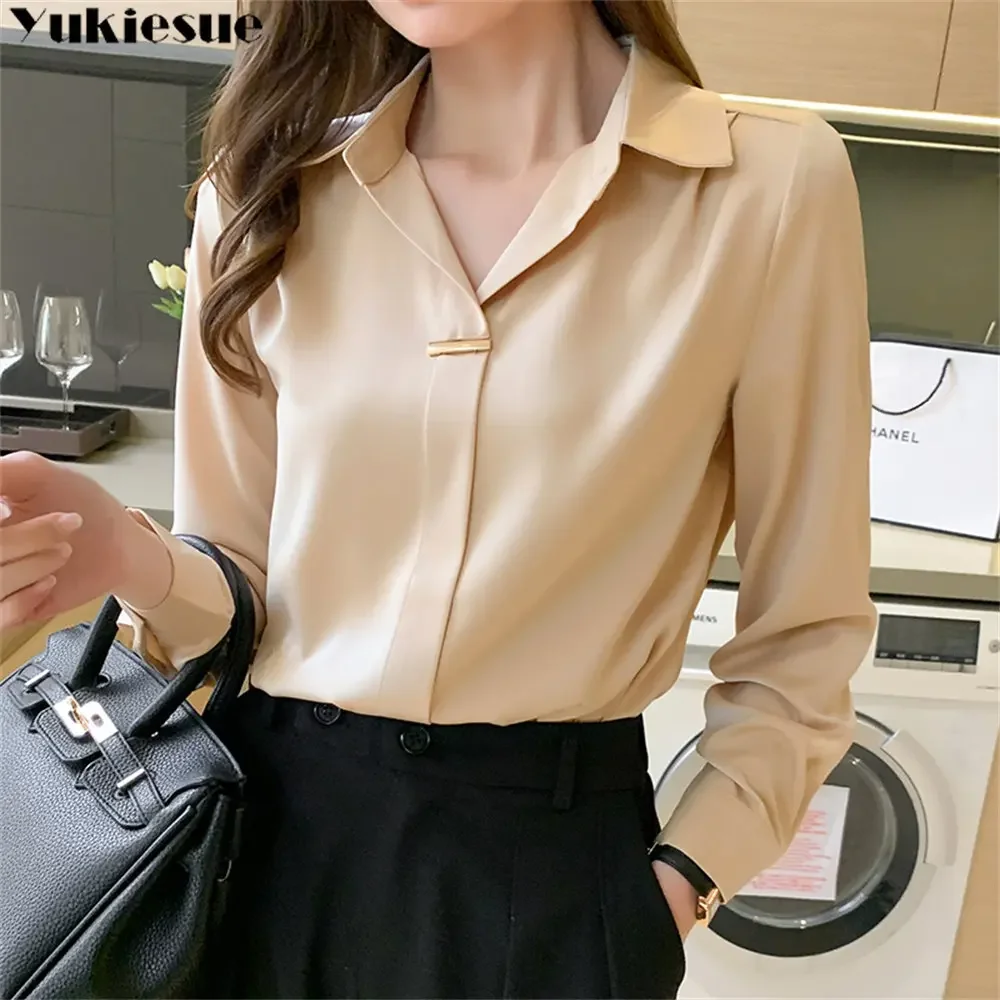 

Весенне-осенние женские топы, офисные женские однотонные рубашки в корейском стиле, модные свободные шелковые рубашки для отдыха, женские рубашки с длинным рукавом