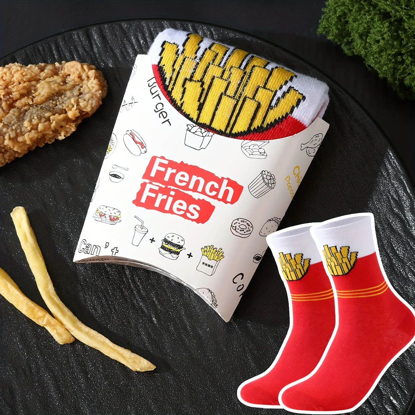 A pair of novelty and fun red fries pattern gift socks, leisure versatile.suitable for Halloween Christmas Valentine\'s Day Gifts