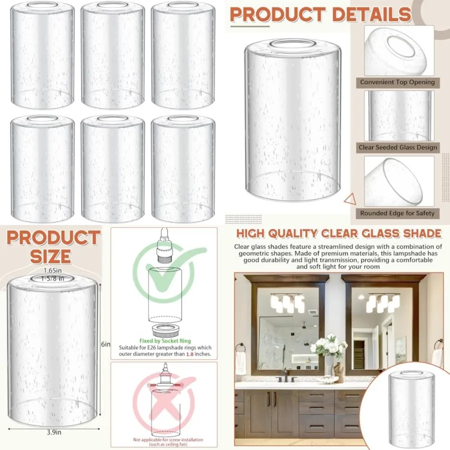 

Pcs Glass Shade Replacements for Pendant Light Fixtures Glass Lamp Shade Cover, 1-5/ Inch Fitter E2 Base, 4"w x "h, Replacement