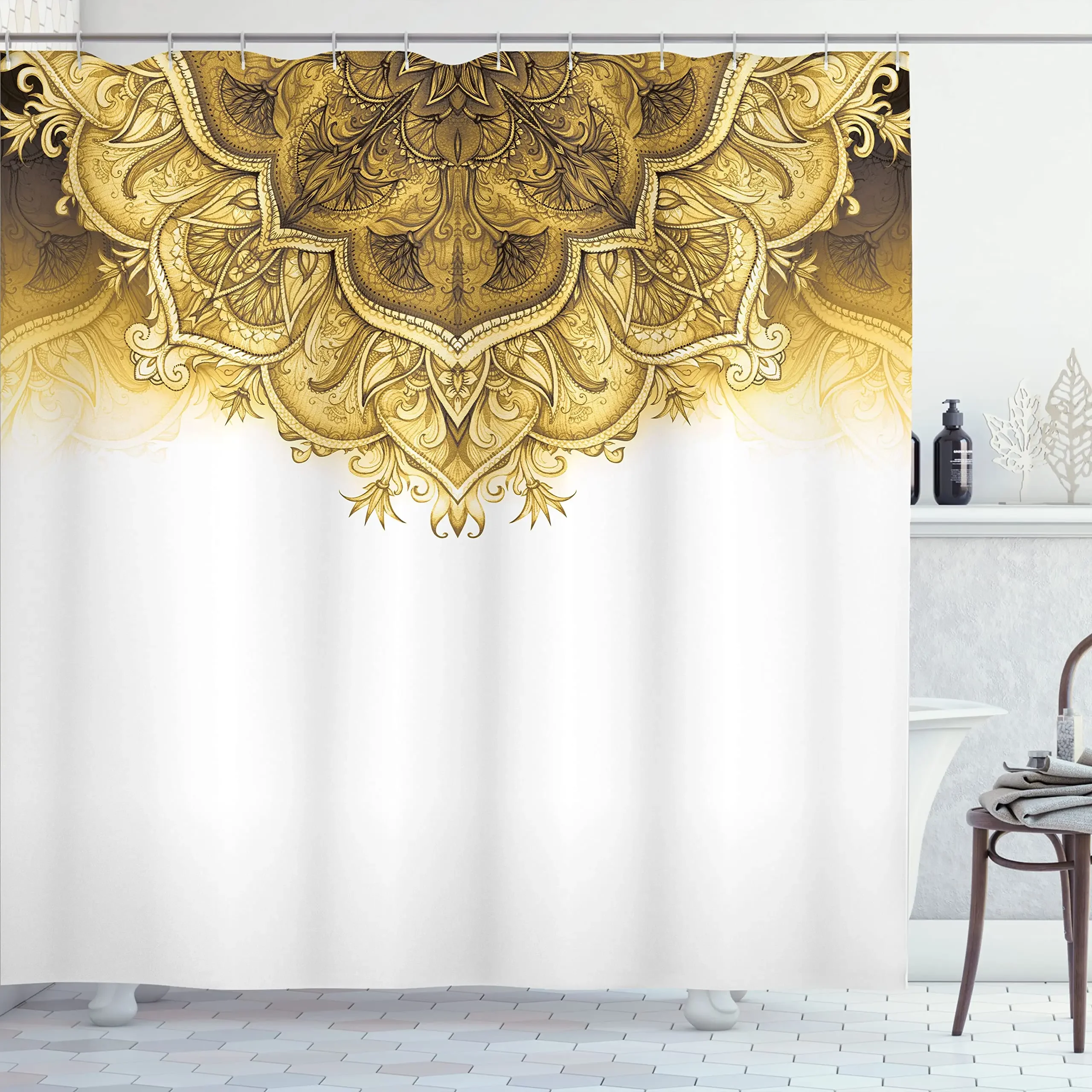 Moroccan Shower Curtain,Floral Art Vintage Style Eastern Architectural Elements Oriental Pattern,Cloth Fabric Bathroom Decor Set