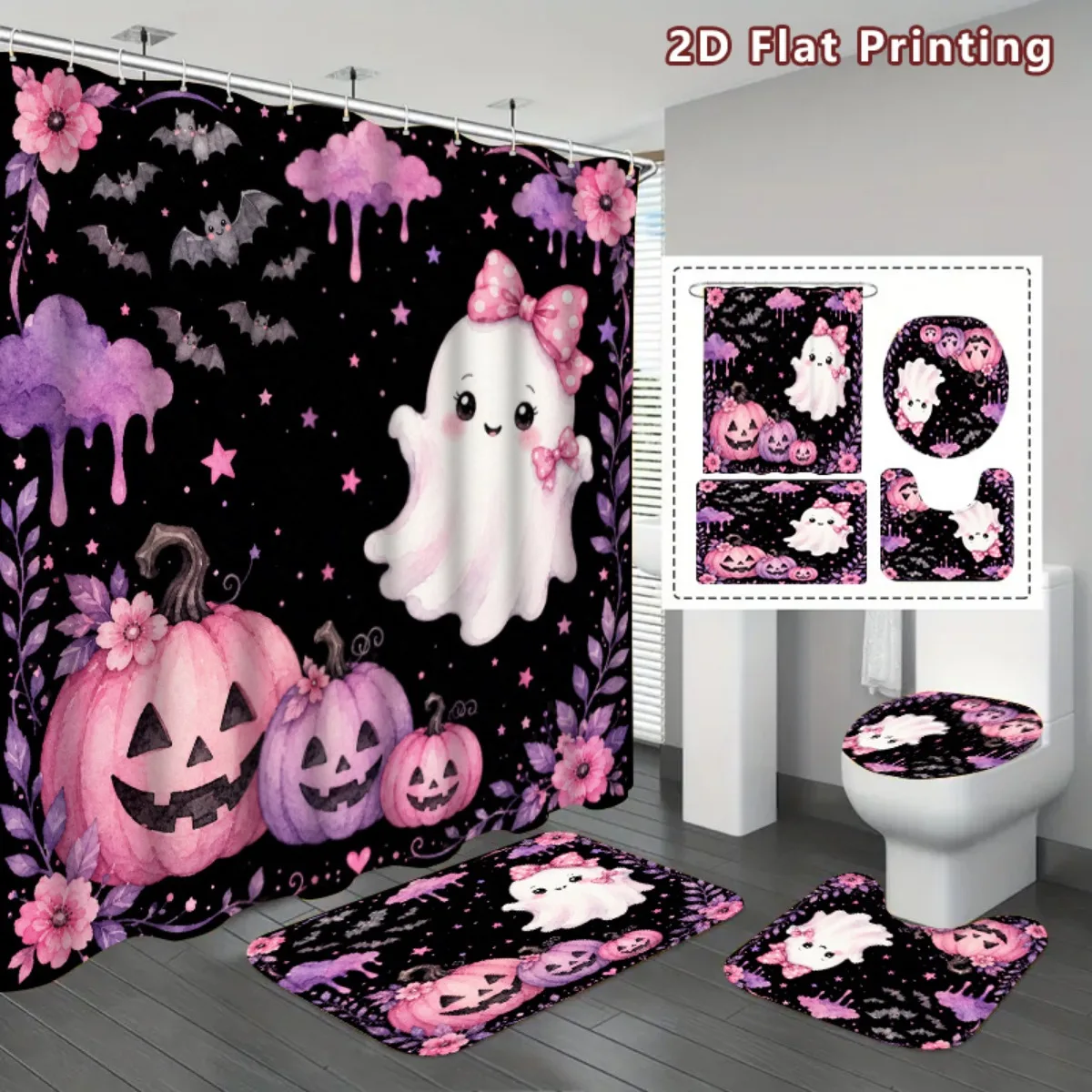 Pink Halloween Shower Curtain Pink Coquette Ghost Pastel Goth, Durable Waterproof Curtain for Bathroom Halloween Decor 12 Hooks