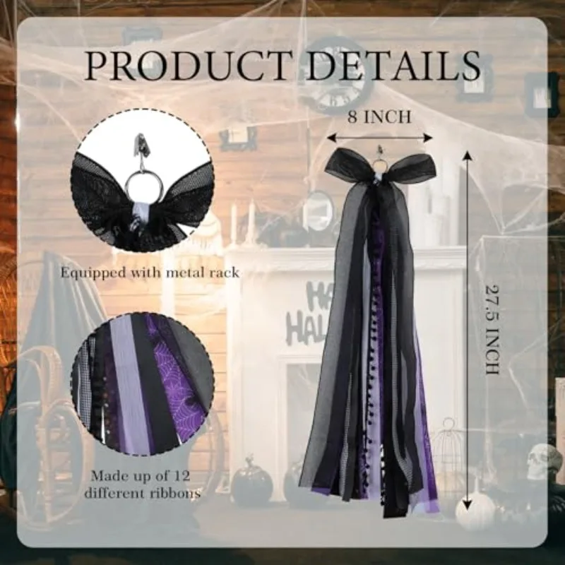 Black Purple Spiderweb Door Wreath Halloween Decor, Multi-Layer Ribbon Door Hanger, Spooky Outdoor Autumn Front Door Decoration