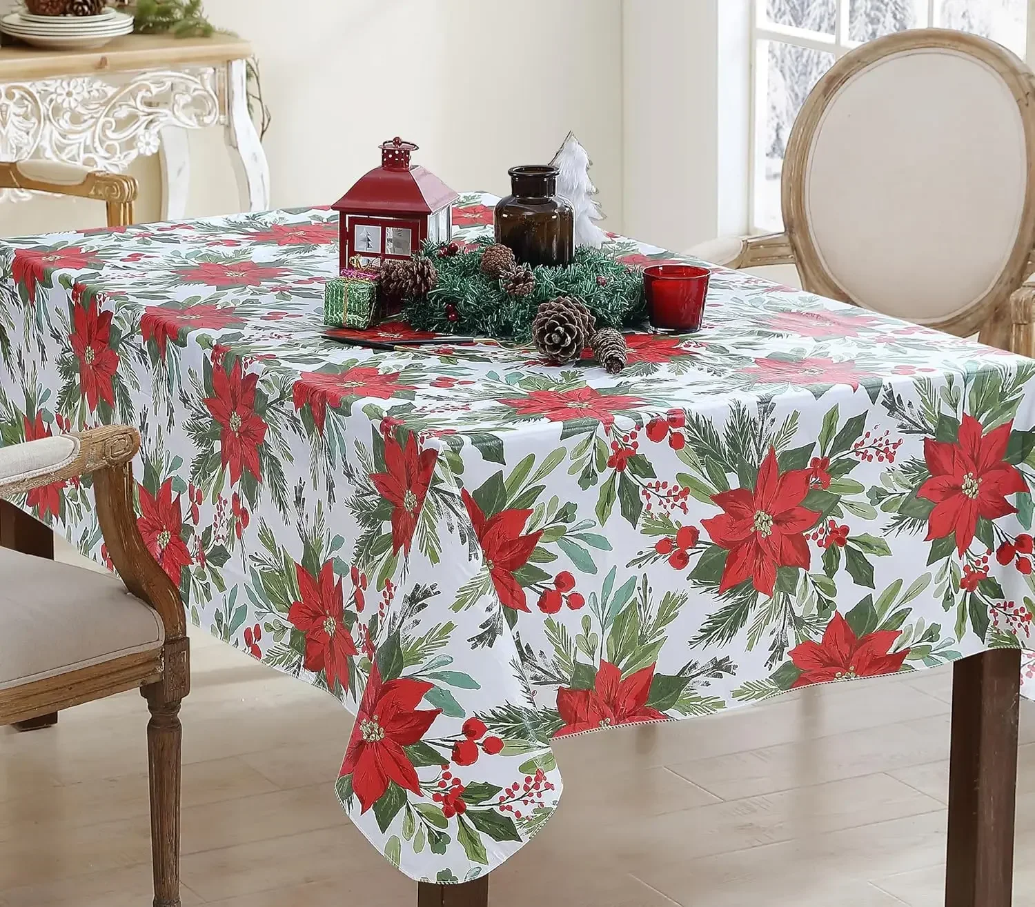 Christmas Red Poinsettia Berries Rectangle Tablecloth Holiday Party Decor Winter Xmas Waterproof Tablecloth Navidad Decorations