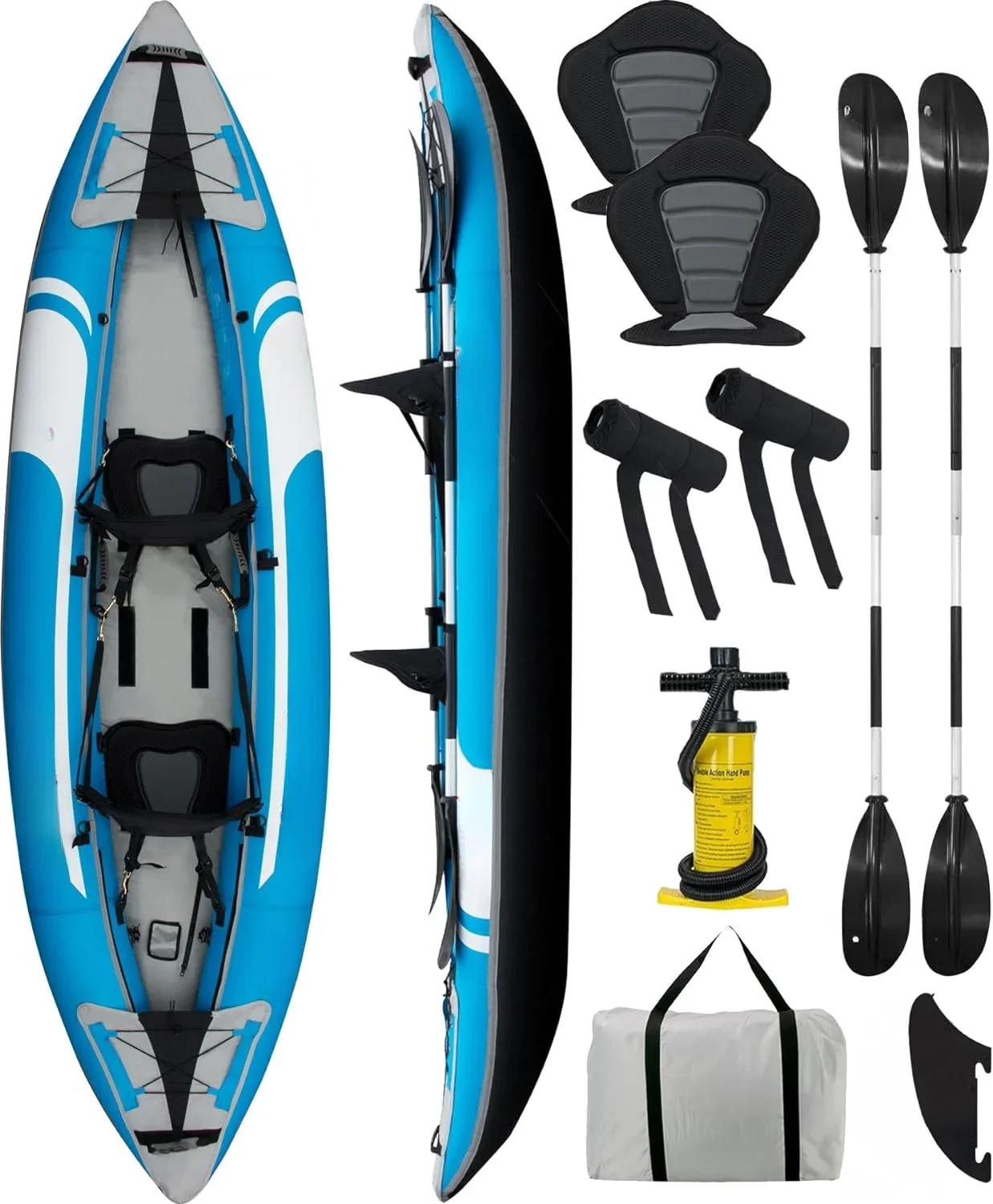 Inflatable Kayak 2 Person Tandem, Foldable Kayaks for Adults includes 2 Aluminum Paddles, Double Action Pump and Travel Backpack