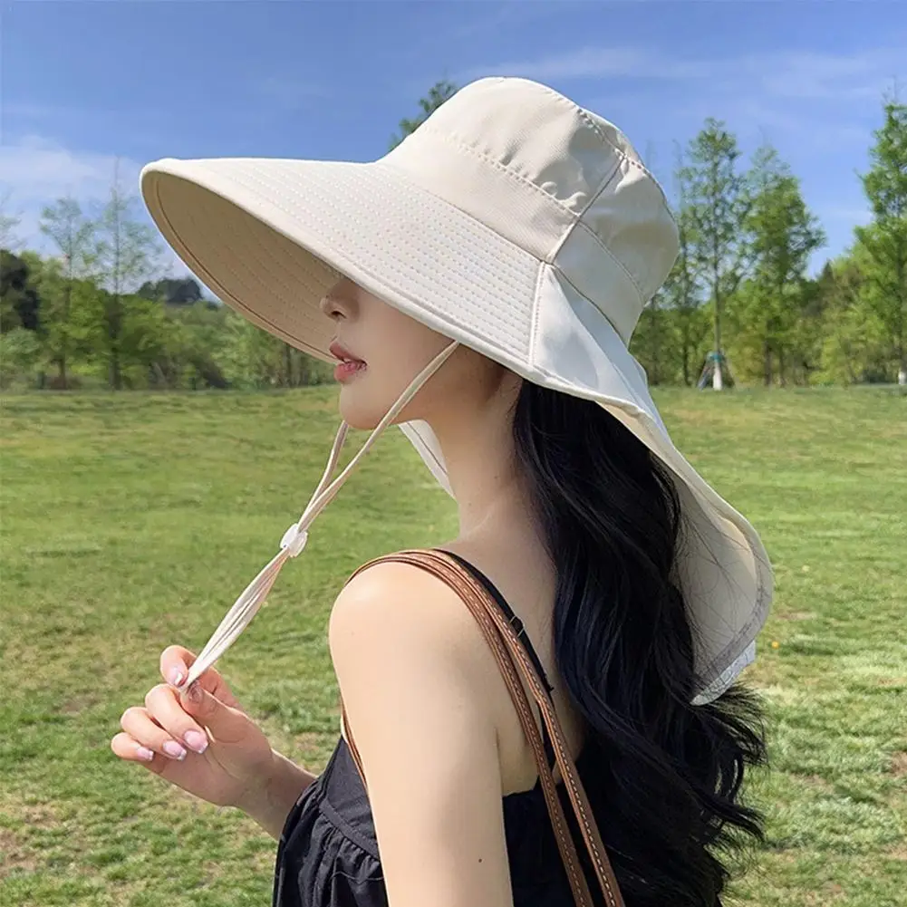 여성용 넓은 챙 자외선 차단 썬 햇, 하이킹 어부 모자, 접이식 여름 솔리드 비치 모자, 목 보호 썬 바이저