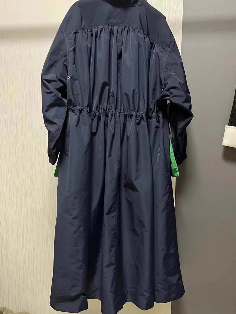 Mauroicardi Spring Waterproof Flowy Thin Extra Long Oversized Green and Blue Color Block Trench Coat for Women Luxury Clothes