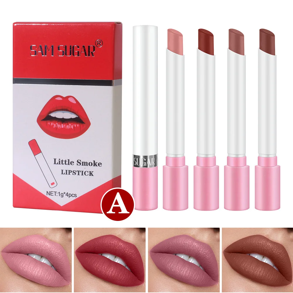 Conjunto de batom de cigarro, 4 peças, brilho pérola, longa duração, veludo fosco, altamente pigmentado, conjunto de maquiagem retrô, presente para mulheres