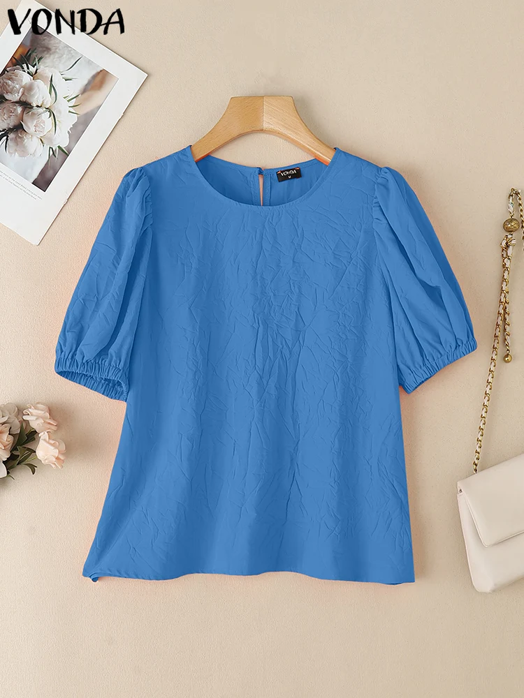 VONDA Solid Color Blusas Women Short Sleeve Casual Loose Tops 2025 Fashion O Neck Summer Tunic Female Puff Sleeve Blouses