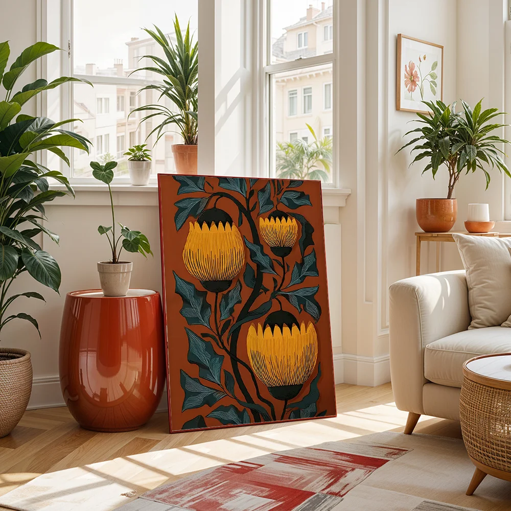 Warm Tone Floral Plant Canvas Poster Wall Art, Vintage Wall Decoration For Living Room Bedroom, Bohemian Home Ornaments