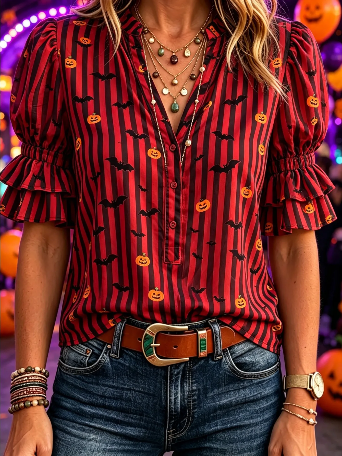 Women V‑Neck Ruffle Short Sleeve Blouse Halloween Stripe Pumpkin Bat Print Button Decor Loose Bohemian Western Casual Daily Top