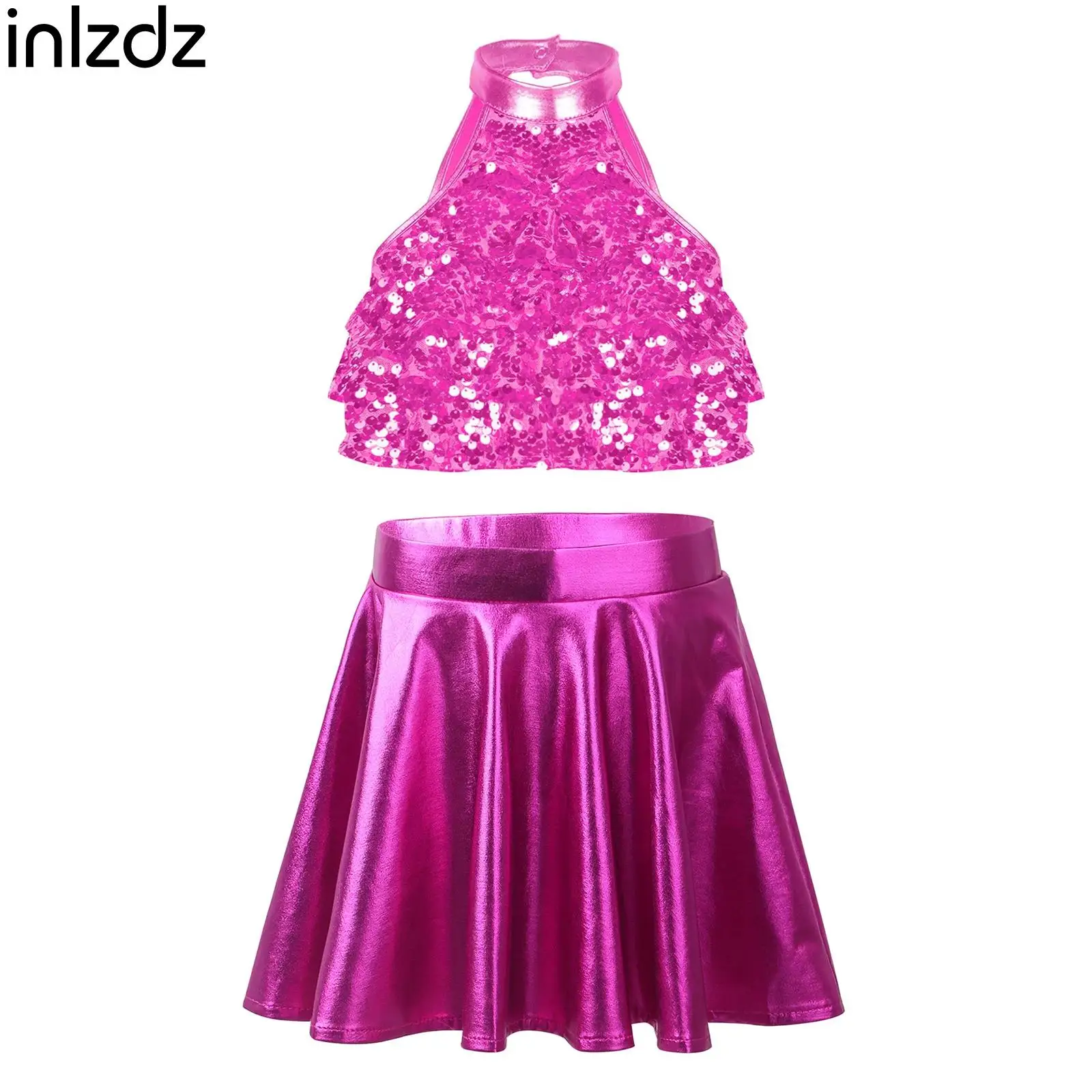 

Girls Hip-Hop Jazz Dance Outfit Sleeveless Crop Top with Skirt Teens Cheerleading Dance Uniform Sparkly Sequin Dancewear Sets