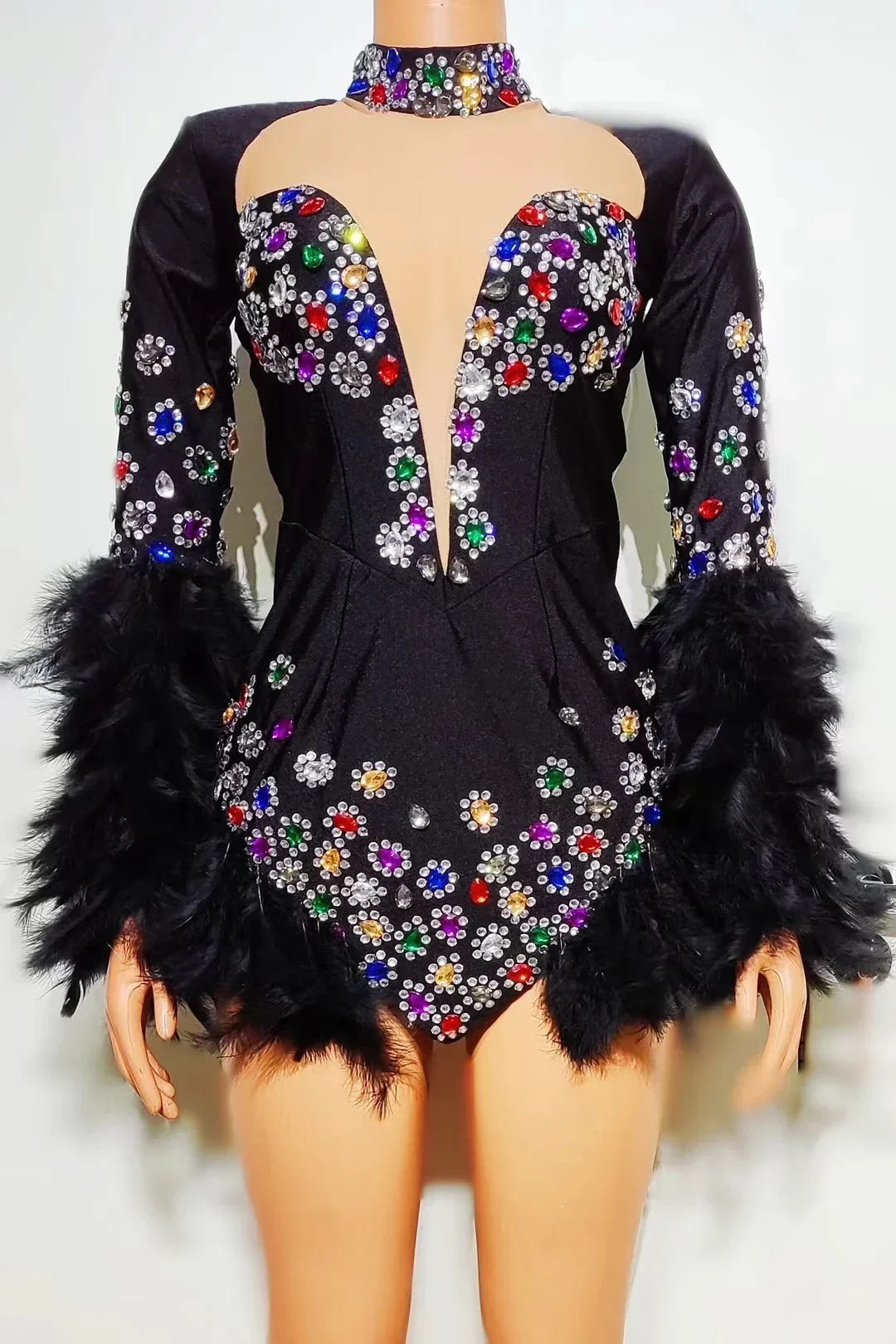 سويهوا-جمبسوت مثير بقصة ضيقة من الريش الزهري الكريستالي ، مضيف الحفلة ، ثياب بار للملهى الليلي ، ملابس رقص الأداء ، أسود ،