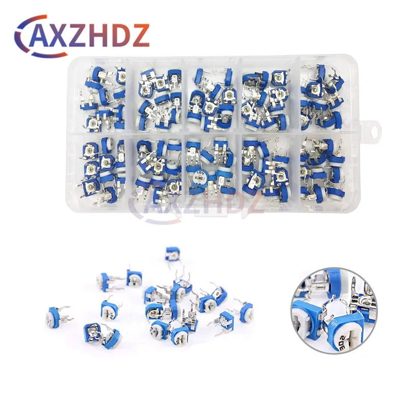 100PCS RM065 Trimmer Potentiometer Kit 500R 1K 2K 5K 10K 20K 50K 100K 200K 1M Variable Resistors Potentiometers RM-065