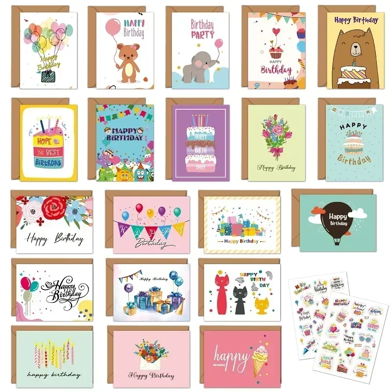 20Pcs Happy Birthday Greeting Card Blank Folding Card With Envelope Stickers DIY Message Card Birthday Party Invitation Cards