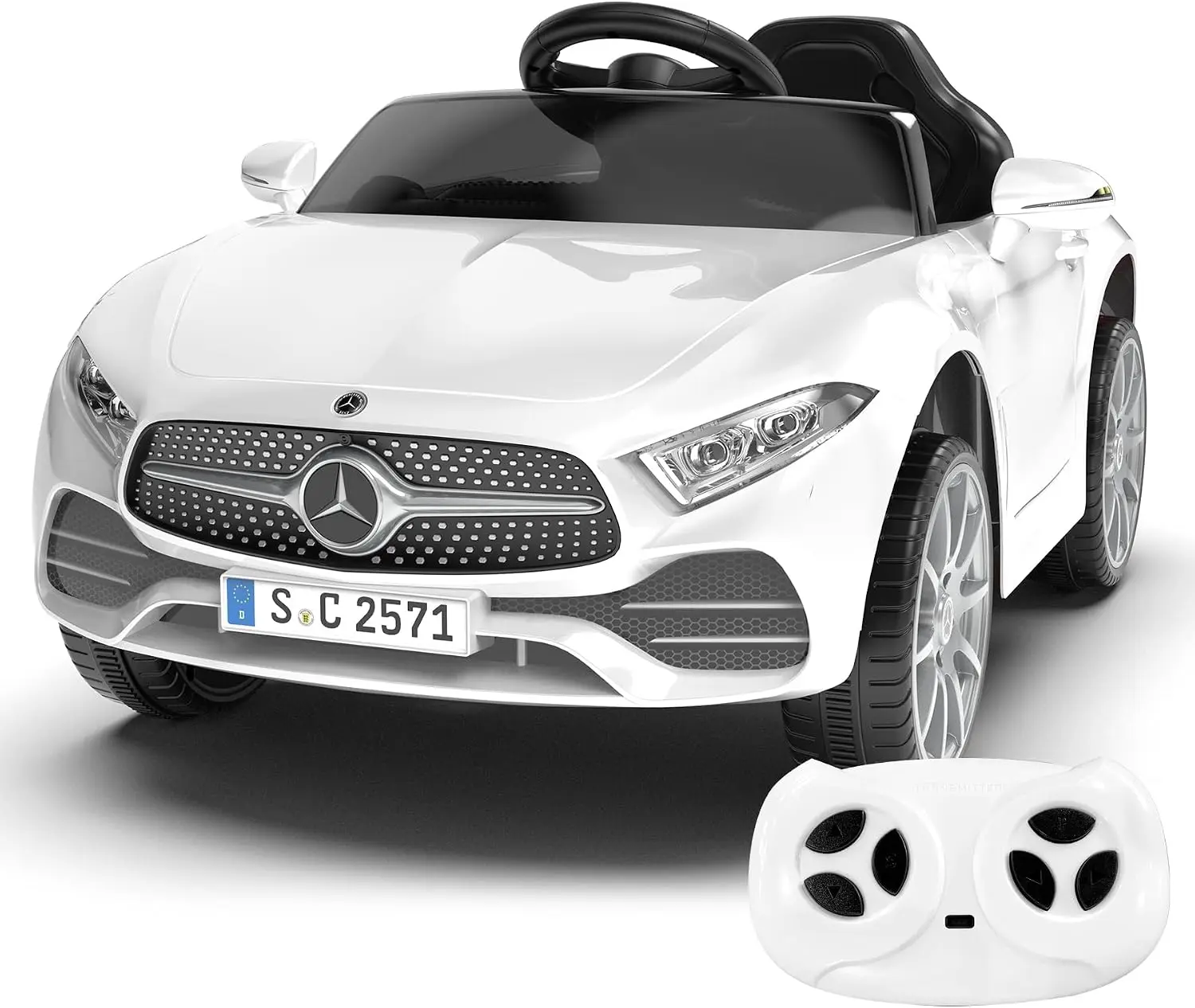 White Battery-Powered Electric Ride-On Car Vehicle with Dual Doors, Safety Belt, and LED Light