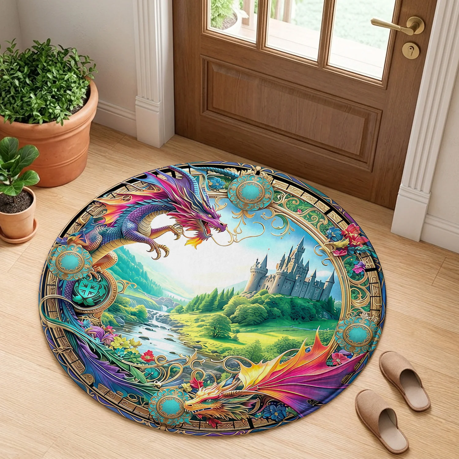 Fantasy Dragon Medieval Castle River Landscape Golden Frame Pattern Holiday Luxury Round Mat Elegant Area Rug Home Decor