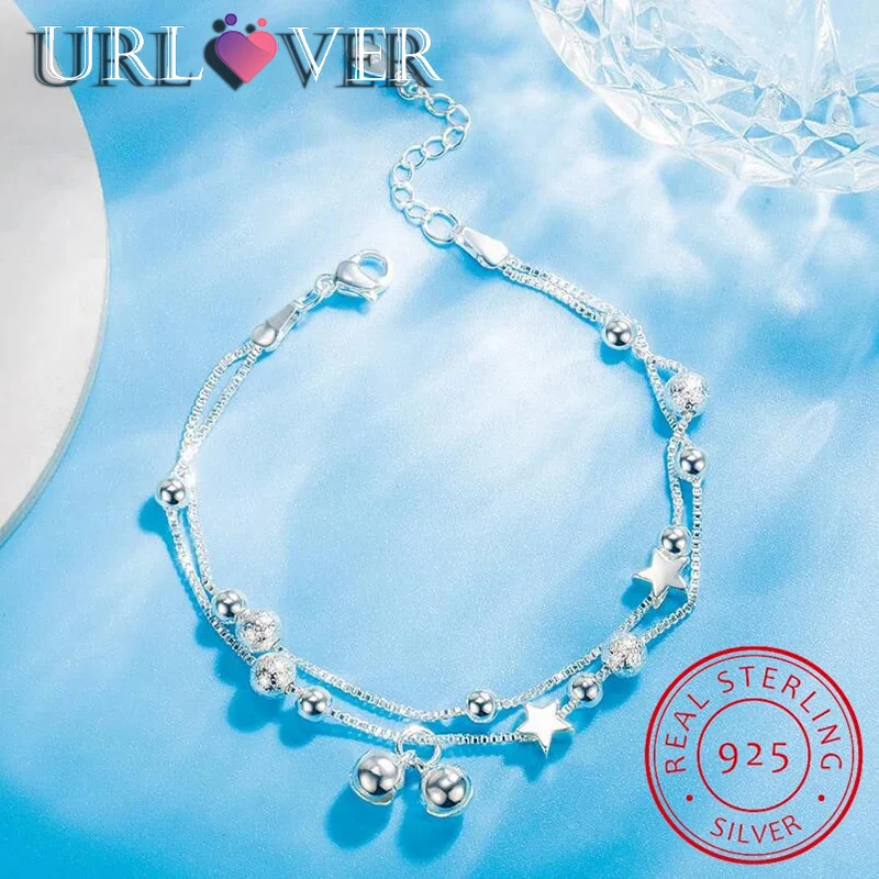 URLOVER 925 Sterling Silver Double Layer Round Star Bead Chain Jingling Bell Charm Bracelet for Female Elegant Jewelry Bracelets