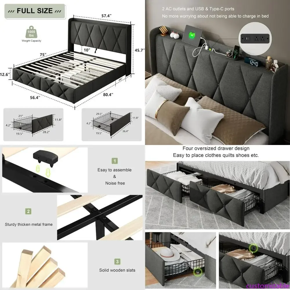 

Feonase Large Platform Bed Frame with Four Storage Drawers, Upholstered Bed with Charging Station, Wingback Headboard with Stora