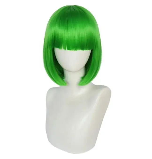 Peluca de Cosplay Bob recta para mujer, verde, 12 pulgadas, corto, rosa, naranja, Sexy, con flequillo plano, para Halloween, Navidad, escuela