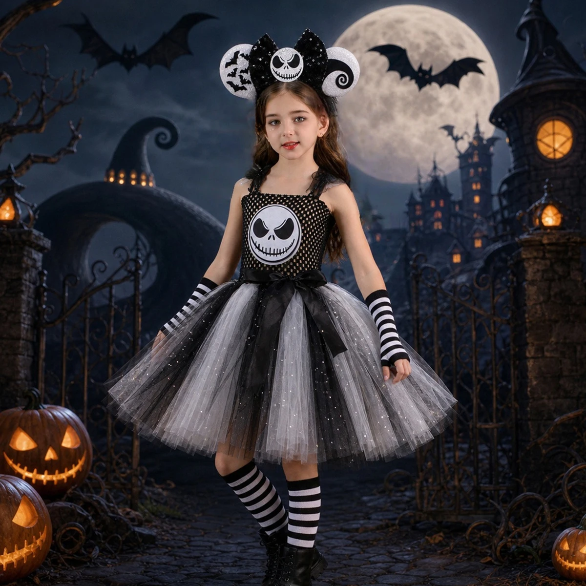 Nightmare Before Christmas Jack Kostüm Mädchen Halloween Skelett-Tutu-Kleid Kinder Cosplay Schwarz-Weiß Geister-Grusel-Outfits – Detail 8