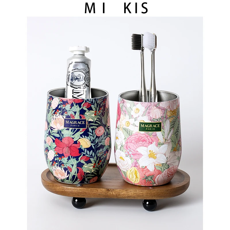 Stainless Steel Toothbrush Holder Couple Mouth Rinse Cup Brush Stand Luxury Pair Tooth Jug Cup Brush Storage Rack Bathroom Ac...