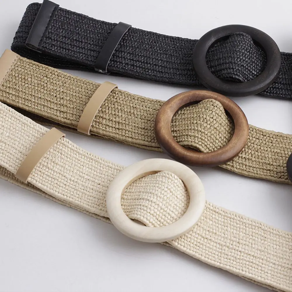 Women Bohemian Casual Braided Elastic Straw Belt Wooden Buckle Waistbelt