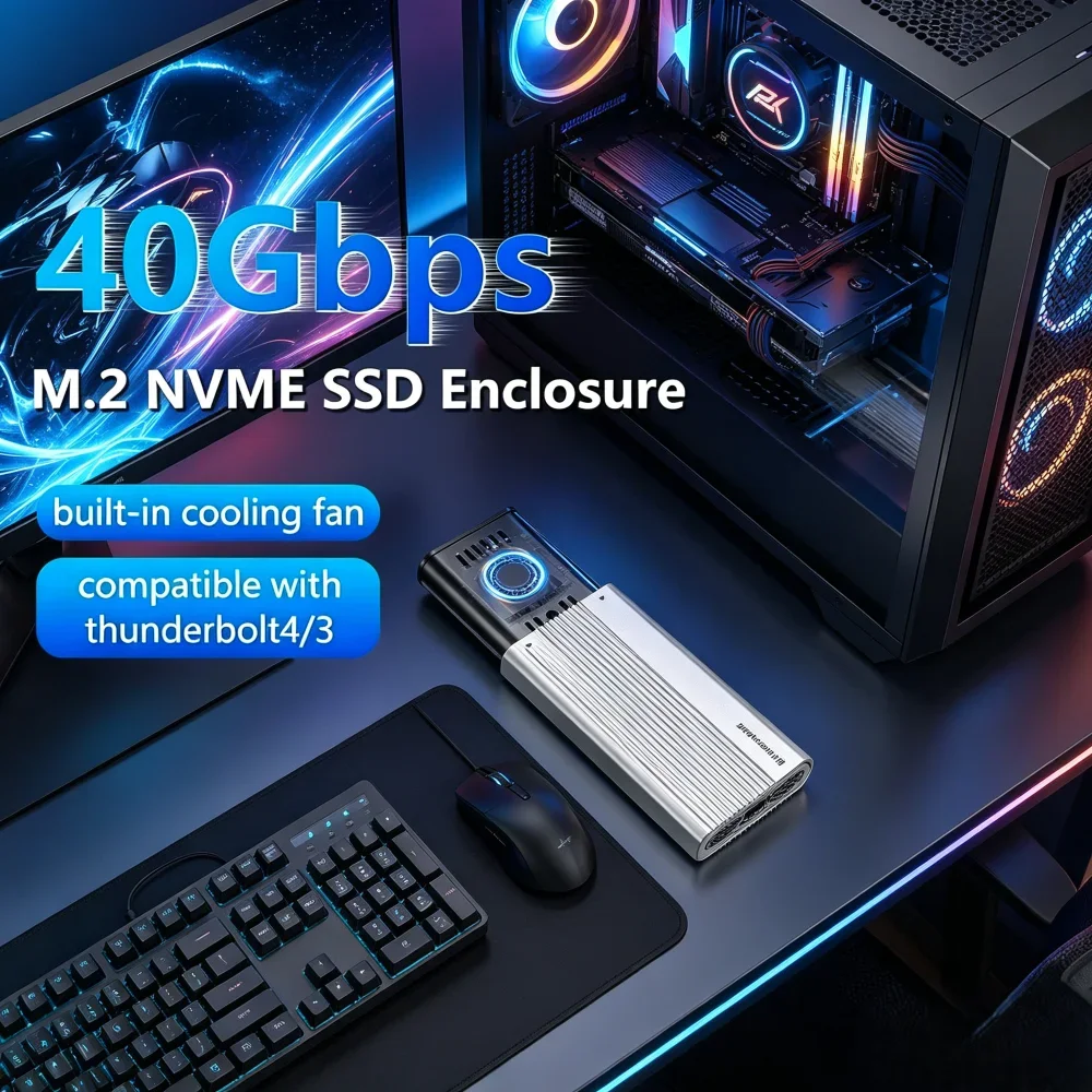 USB4 40Gbps M.2 NVMe SSD Enclosure, PCIe 4.0 External SSD Case with Cooling Fan, Thunderbolt 3/4 Compatible