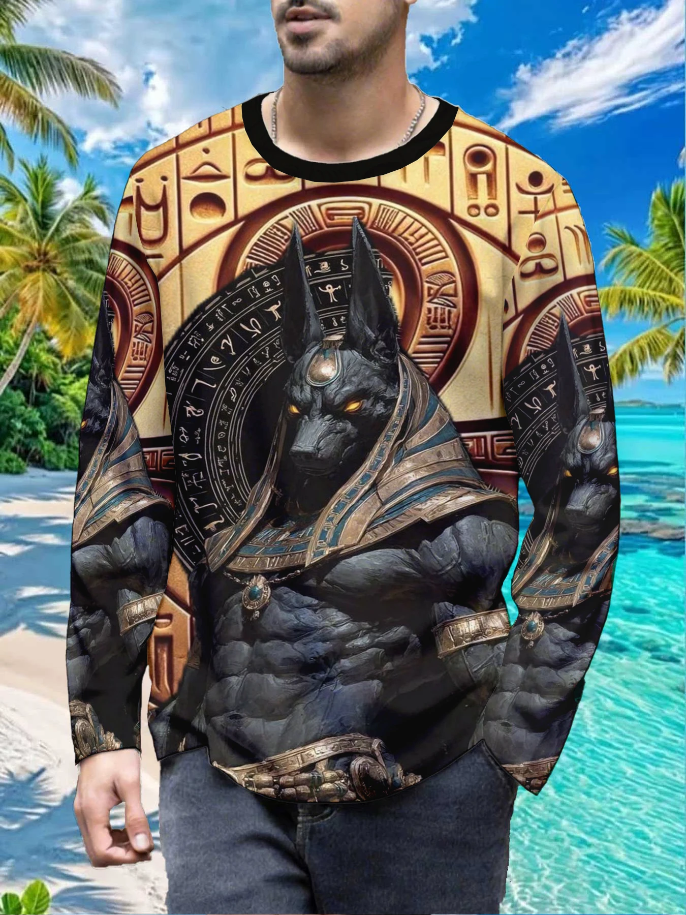 Halloween Ancient Egypt Myth Anubis Mens Polyester Long Sleeve T Shirt Egyptian God Jackal Hieroglyph Print Graphic Tee Casual S