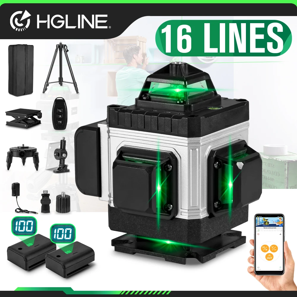 

HGLINE 16 Lines 4D Laser Level With APP Remote Control Selfleveling 360° Horizontal And Vertical Powerful green Beam Laser Level