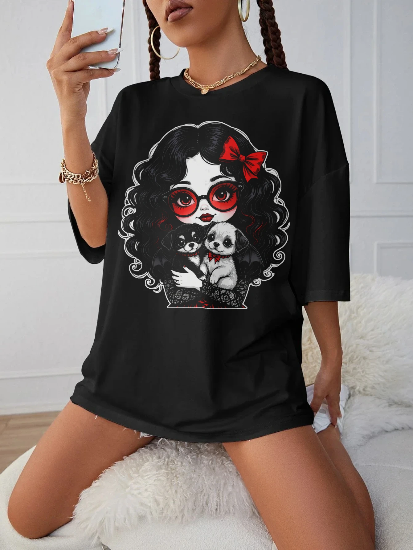 

Модная черная футболка для беременных Goth-Girl-Bat-Puppies, свободный крой с круглым вырезом, идеально подходящая для поздней беременности летом