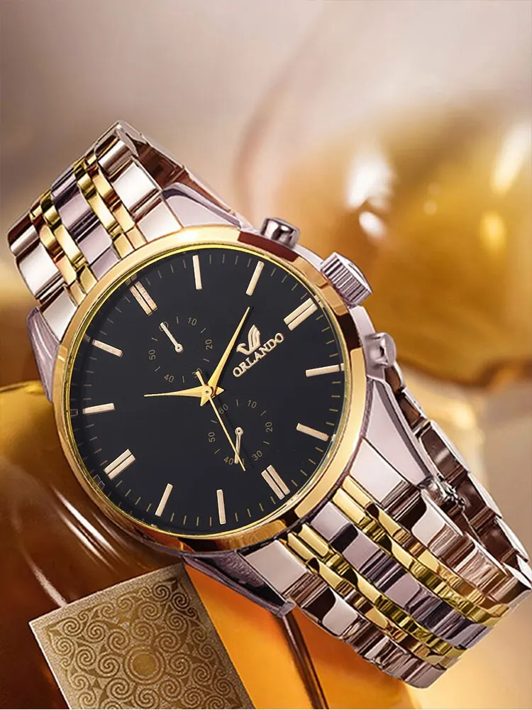 2PCs Fashion Business Big Dial Men\'s Room Gold Steel Band Quartz Wristwatch with Dumbbell Bead String Bracelet Set