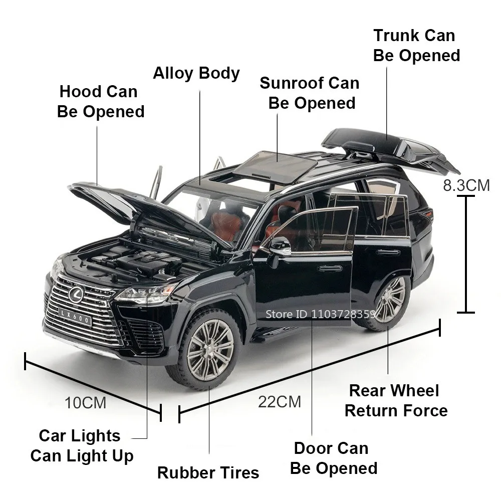 1:24 lx600 lx570 modelo de brinquedo carros liga diecast veículos em miniatura som luz portas abertas ornamento brinquedos puxar para trás para crianças presentes