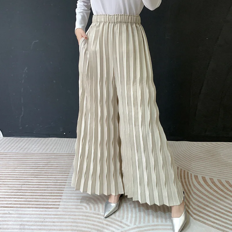 

Плиссированные женские широкие брюки ручной работы на весну и лето 2026, однотонные прямые повседневные эластичные женские брюки с высокой талией