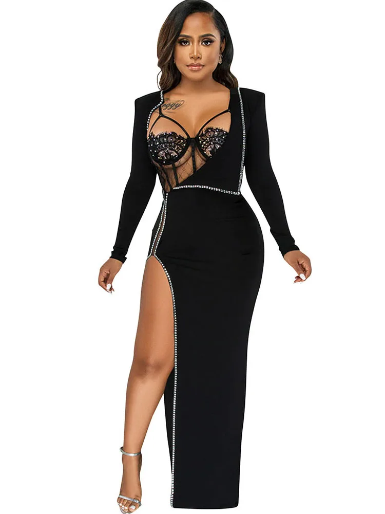 

Sexy Mesh Rhinestone Two Piece Set Women Clubwear Party Bodysuit Tops And Long Slit Dress See Through Night Club Outfits Sets