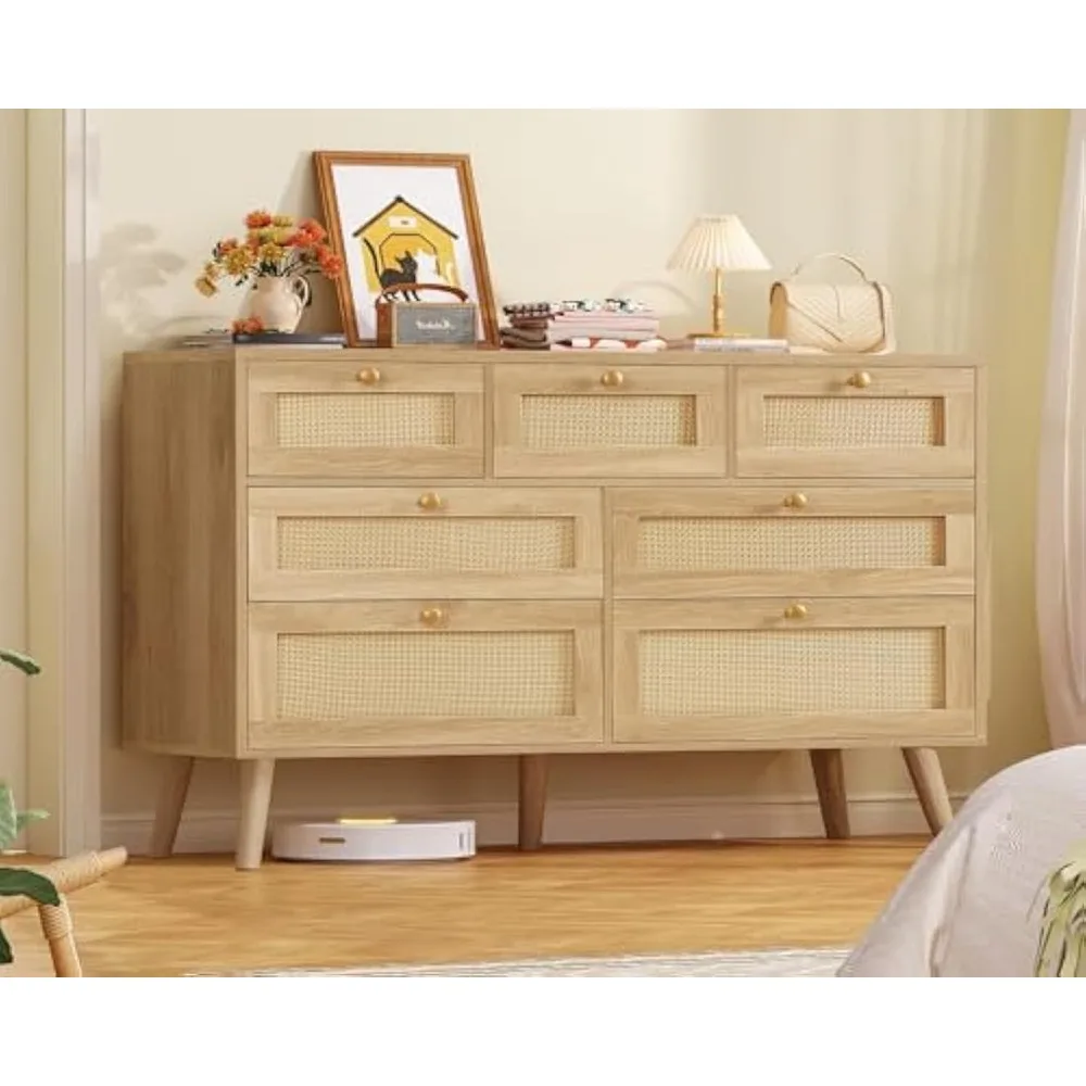 Commode en rotin à 7 tiroirs de style Boho pour chambre à coucher, commode en bois naturel, organisateur de placard